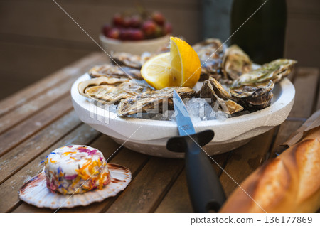 Fresh Raw Oysters with Citron, Baguette, Butter, and Cider Fresh Raw Oysters with Citron, Baguette, Butter, and Cider 136177869