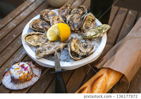 Fresh Raw Oysters with Citron, Baguette, Butter, and Cider Fresh Raw Oysters with Citron, Baguette, Butter, and Cider 136177872