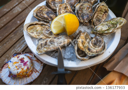 Fresh Raw Oysters with Citron, Baguette, Butter, and Cider Fresh Raw Oysters with Citron, Baguette, Butter, and Cider 136177933