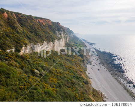 Aerial View of Saint Jouin Bruneval Beach with Waves and Cliffs 136178094