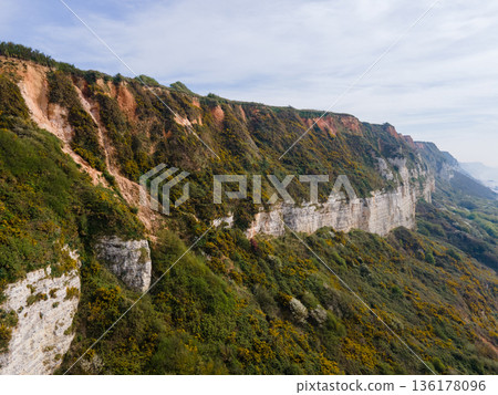 Aerial View of Saint Jouin Bruneval Beach with Waves and Cliffs 136178096