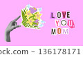 Mothers Day Collage Flowers Hearts Love Mom. For card poster social media graphic or web design in marketing campaigns. Vector illustration. 136178171