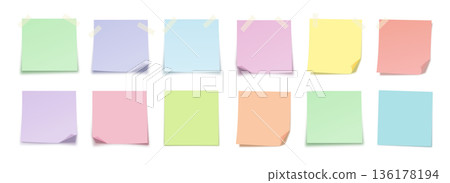 Pastel Sticky Notes Set with Taped and Folded Corners. Blank Colorful Memo Papers Mockup Collection for Business Planning, Education, Office Messages, Creative Design Projects. Vector Illustration 136178194