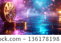 Movie film and reel on a fantasy background with glowing neon lights 136178198