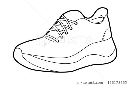 Woman running sneaker shoe single sketch. Chunky casual sport footwear for fitness, gym warmup, active lifestyle. Woman running sneaker shoe single sketch. Chunky casual sport footwear for fitness, gym warmup, active lifestyle. 136178265