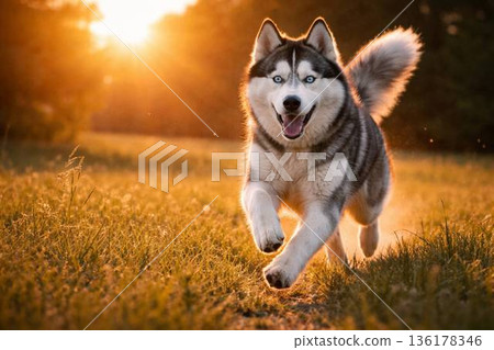 西伯利亞哈士奇奔向夕陽 136178346