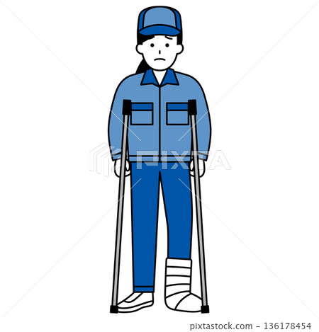 一名身穿工裝褲、腿部受傷、拄著拐杖的女子 136178454