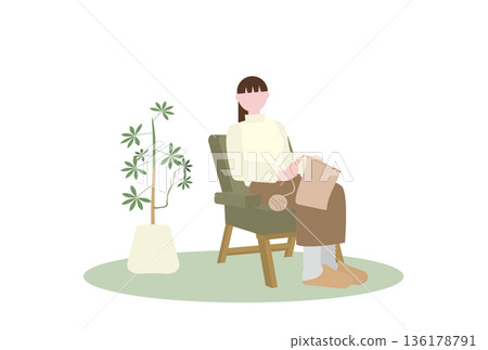 女人在沙發上織毛衣 136178791