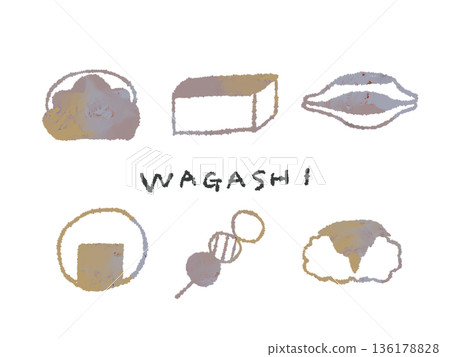 Colorful hand-drawn illustrations of Japanese sweets that can be used as icons or symbol marks in designs Colorful hand-drawn illustrations of Japanese sweets that can be used as icons or symbol marks in designs 136178828