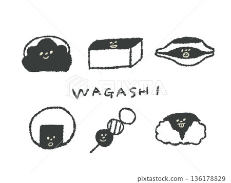 Expressive hand-drawn illustrations of Japanese sweets that can be used as icons or symbol marks in designs 136178829