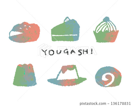 Colorful hand-drawn illustrations of Western sweets that can be used as icons or symbol marks in designs 136178831