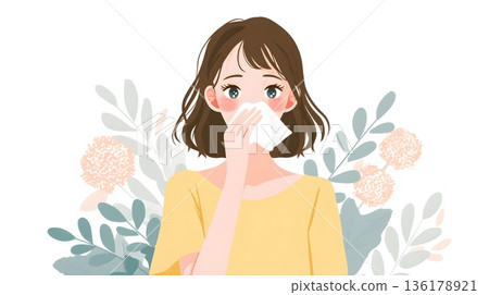 一位患有花粉症的日本女性的插圖 136178921