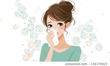 一位患有花粉症的日本女性的插圖 136178923