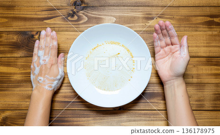 髒兮兮的沒洗的盤子和滿是泡沫的雙手——生成式人工智慧 136178975