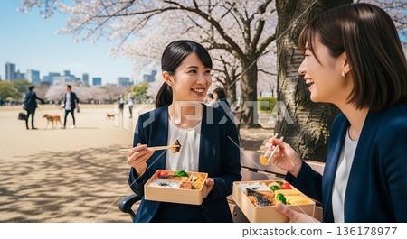 兩位女商人正在公園吃午餐 兩位女商人正在公園吃午餐 136178977