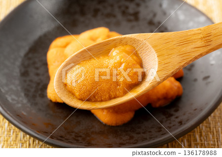Close-up of raw sea urchin on a spoon Close-up of raw sea urchin on a spoon 136178988