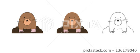 一組可愛的線條畫，描繪了一隻鼴鼠從土裡探出頭來，風格扁平 | 動物、地面、土壤 136179040