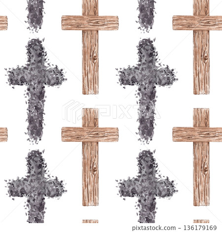 Seamless watercolor pattern with wooden crosses and ash crosses on white background. Hand painted religious repeat suitable for Lent designs, church stationery, wrapping paper, textiles, backgrounds Seamless watercolor pattern with wooden crosses and ash crosses on white background. Hand painted religious repeat suitable for Lent designs, church stationery, wrapping paper, textiles, backgrounds 136179169