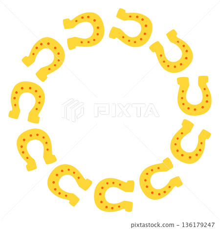 Whimsical St Patricks Day vector frame with gold horseshoe arranged in circular wreaths. Cute flat design for holiday cards, posters, invitations, and festive decor. 136179247