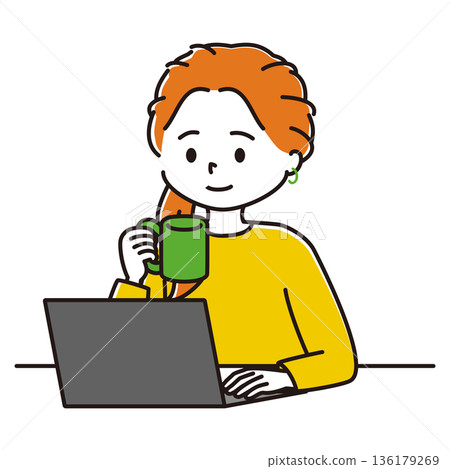 Illustration of a woman doing remote work while drinking coffee 136179269