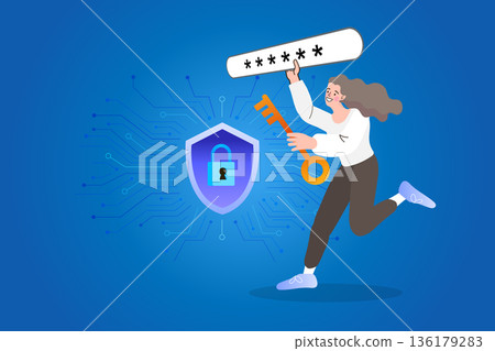 Cyber security concept with woman holding key to password. 136179283