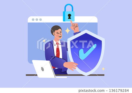 Confident businessman with data protection shield and padlock. 136179284