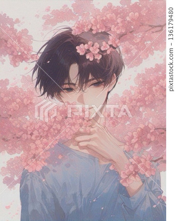 水彩插畫：一位年輕男子與櫻花（直式 1） 136179480