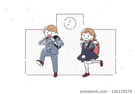 Illustration of an entrance ceremony with cherry blossoms falling, elementary school students carrying their school bags and the school gate, a spring event 136179579