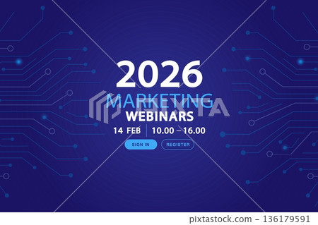 Digital technology conference background with symmetrical circuit lines. Abstract blue banner featuring glowing nodes and network paths for corporate events, tech summits and presentations. Digital technology conference background with symmetrical circuit lines. Abstract blue banner featuring glowing nodes and network paths for corporate events, tech summits and presentations. 136179591