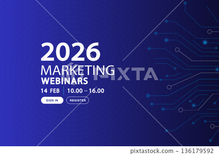 Digital technology conference background with circuit lines. Abstract blue banner for marketing webinars, tech summits, and business events with asymmetrical networking paths and copy space. Digital technology conference background with circuit lines. Abstract blue banner for marketing webinars, tech summits, and business events with asymmetrical networking paths and copy space. 136179592