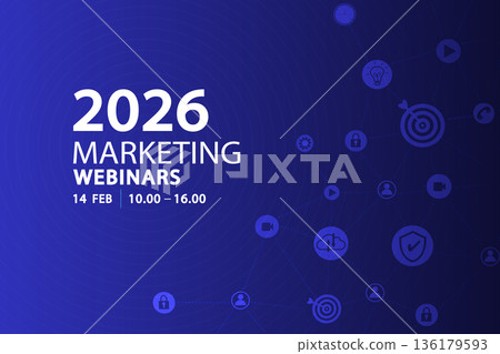 Marketing webinars background for seminar banner and digital event presentation. Blue network nodes design for workshop flyer, technology poster, and modern corporate backdrop template with copy space Marketing webinars background for seminar banner and digital event presentation. Blue network nodes design for workshop flyer, technology poster, and modern corporate backdrop template with copy space 136179593