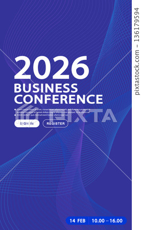 Elevate your professional event with this sleek business conference banner. A modern blue and purple gradient background featuring futuristic wave lines, ideal corporate summits and digital seminar. Elevate your professional event with this sleek business conference banner. A modern blue and purple gradient background featuring futuristic wave lines, ideal corporate summits and digital seminar. 136179594