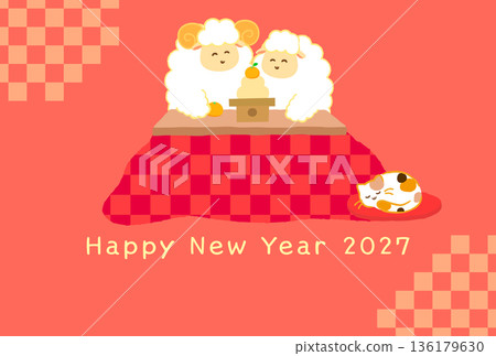 2027 Year of the Sheep New Year's card material. A cute Japanese-style horizontal illustration of two smiling sheep sitting around a kagami mochi rice cake in a kotatsu. 136179630