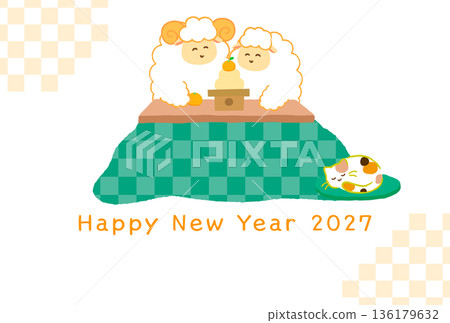 2027 Year of the Sheep New Year's card material. A cute Japanese-style horizontal illustration of two smiling sheep sitting around a kagami mochi rice cake in a kotatsu. 136179632