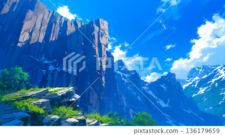 一幅動漫風格的插圖，描繪了一座巍峨的岩石山峰聳立在藍天之下。 136179659