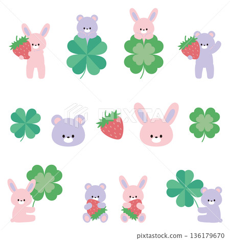 草莓、三葉草、熊和兔子插圖集 136179670