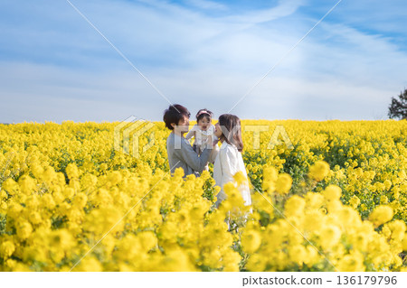 父母與孩子在油菜花田中依偎在一起 136179796