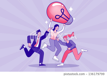 Teamwork and business innovation concept. Diverse group of people carrying giant lightbulb together. Creative brainstorming, collective success, and leadership vector illustration. Teamwork and business innovation concept. Diverse group of people carrying giant lightbulb together. Creative brainstorming, collective success, and leadership vector illustration. 136179799