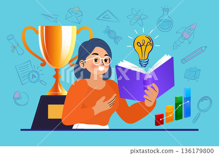 Success through education concept. Smart woman reading book with idea lightbulb, gold trophy and growth bar chart. Achievement in learning, business development and creative thinking illustration. 136179800