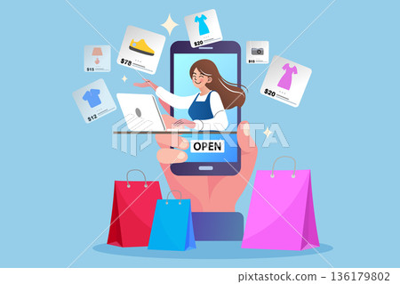 Hand holding a smartphone displaying an open online shop with a woman presenting fashion products. Vector illustration showing e-commerce mobile application and digital marketing with shopping bags Hand holding a smartphone displaying an open online shop with a woman presenting fashion products. Vector illustration showing e-commerce mobile application and digital marketing with shopping bags 136179802