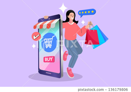 Break through digital shopping boundaries with seamless mobile e-commerce. Happy woman leaping from smartphone with verified checkmark, 5-star reviews, and shopping bags for customer trust. 136179806
