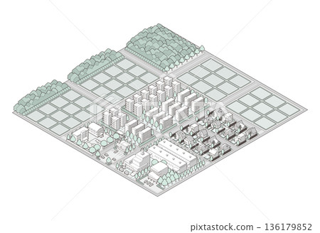 郊區城市景觀插圖。等距視角城市。 136179852