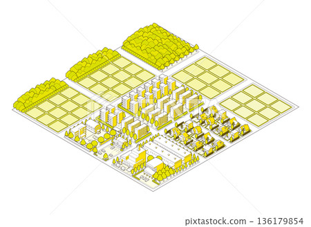 郊區城市景觀插圖。等距視角城市。 郊區城市景觀插圖。等距視角城市。 136179854