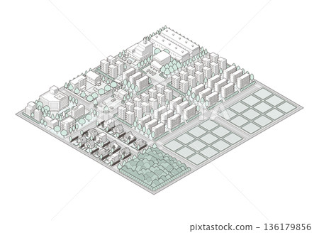 郊區城市景觀插圖。等距視角城市。 136179856