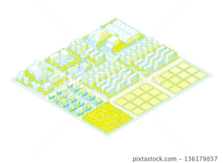 郊區城市景觀插圖。等距視角城市。 136179857