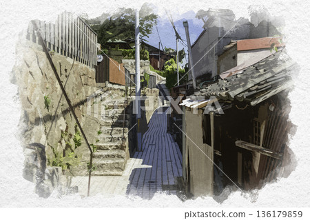水彩風格的尾道古寺遊覽路線,石板路,廣島縣尾道市 水彩風格的尾道古寺遊覽路線,石板路,廣島縣尾道市 136179859
