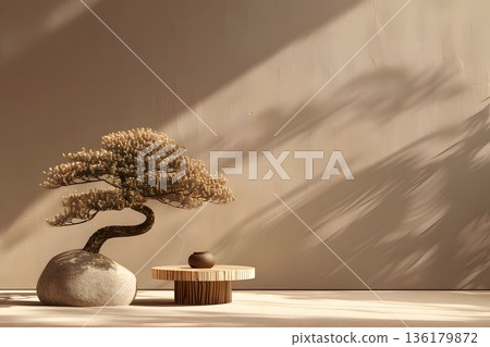 Japanese-style stone podium with bonsai tree 136179872