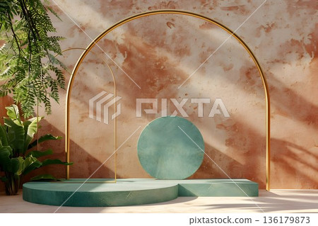 empty podium and golden arch abstract terracotta background green geometric shapes 136179873