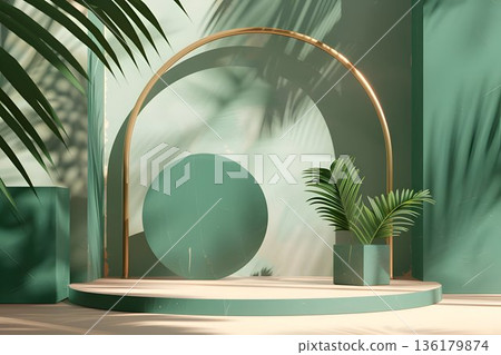empty podium and golden arch abstract terracotta background green geometric shapes 136179874