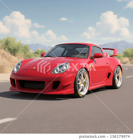3D deformed character of a red sports car. A cute coupe with a toy-like design. 3D rendering. 136179974